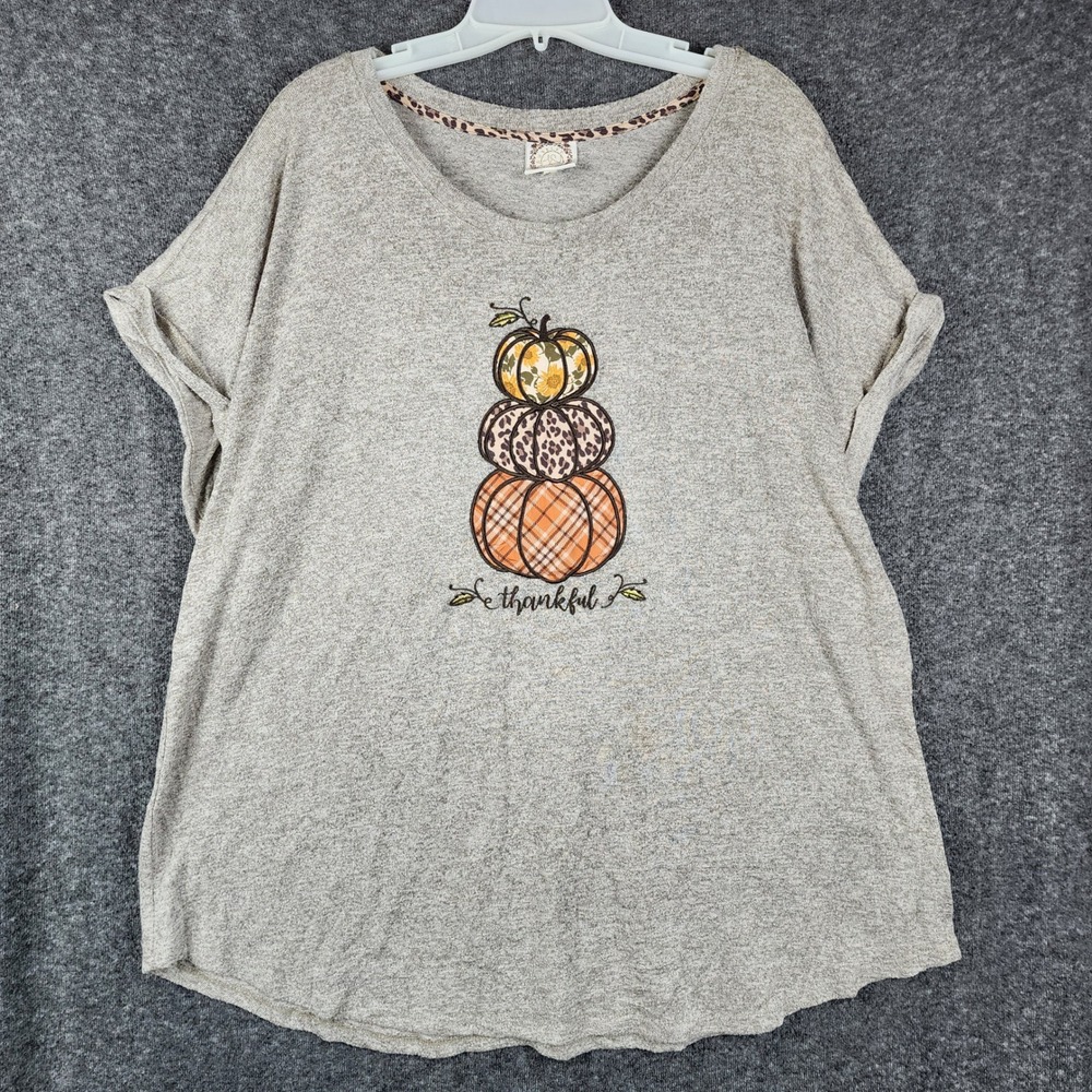 Truself Pumpkin Graphic Tee Women 3X Oatmeal Thankful Fall Thanksgiving Top